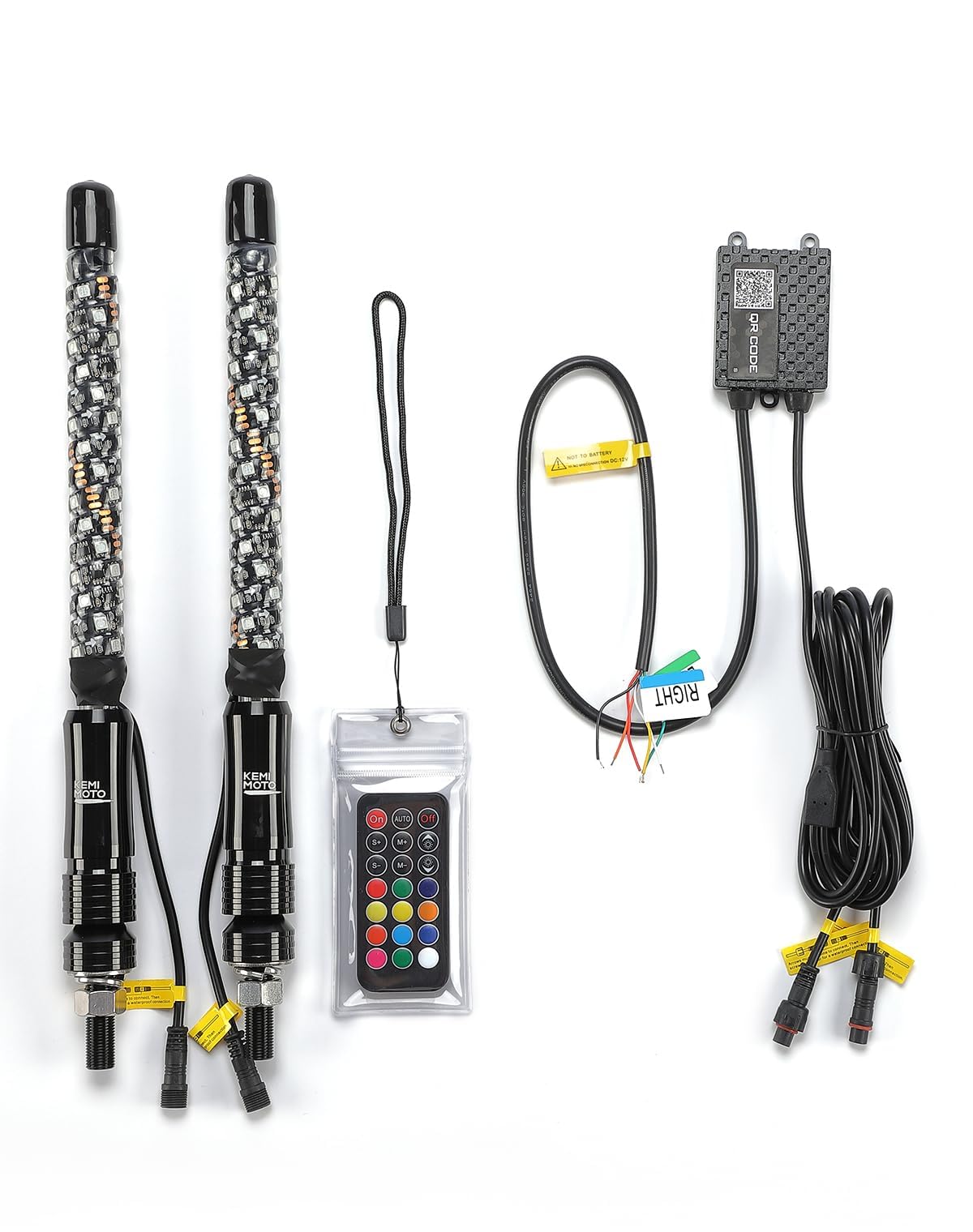 KEMIMOTO front view of two 1ft whip lights showing bright colors and improved visibility