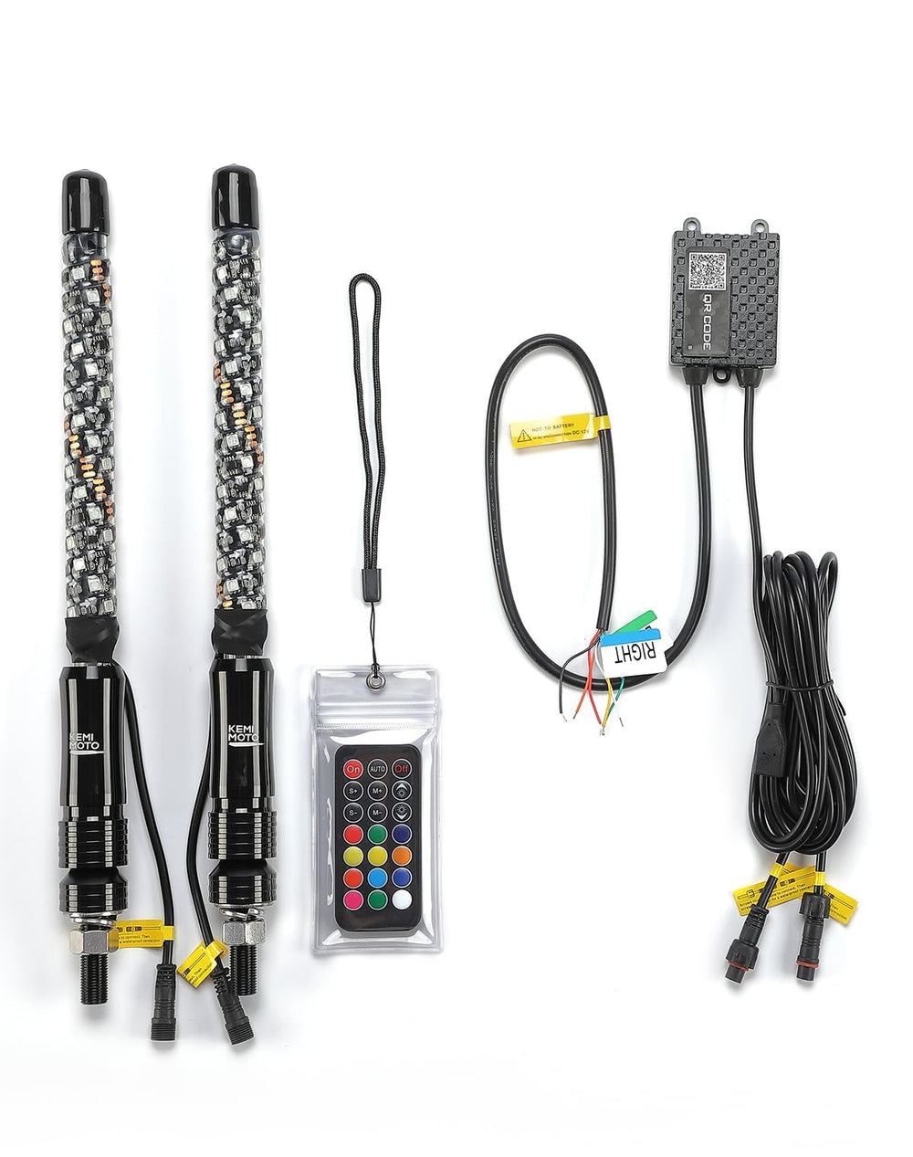 KEMIMOTO front view of two 1ft whip lights showing bright colors and improved visibility
