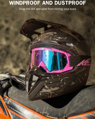 KEMIMOTO goggles mounted on helmet showing secure strap fit during riding