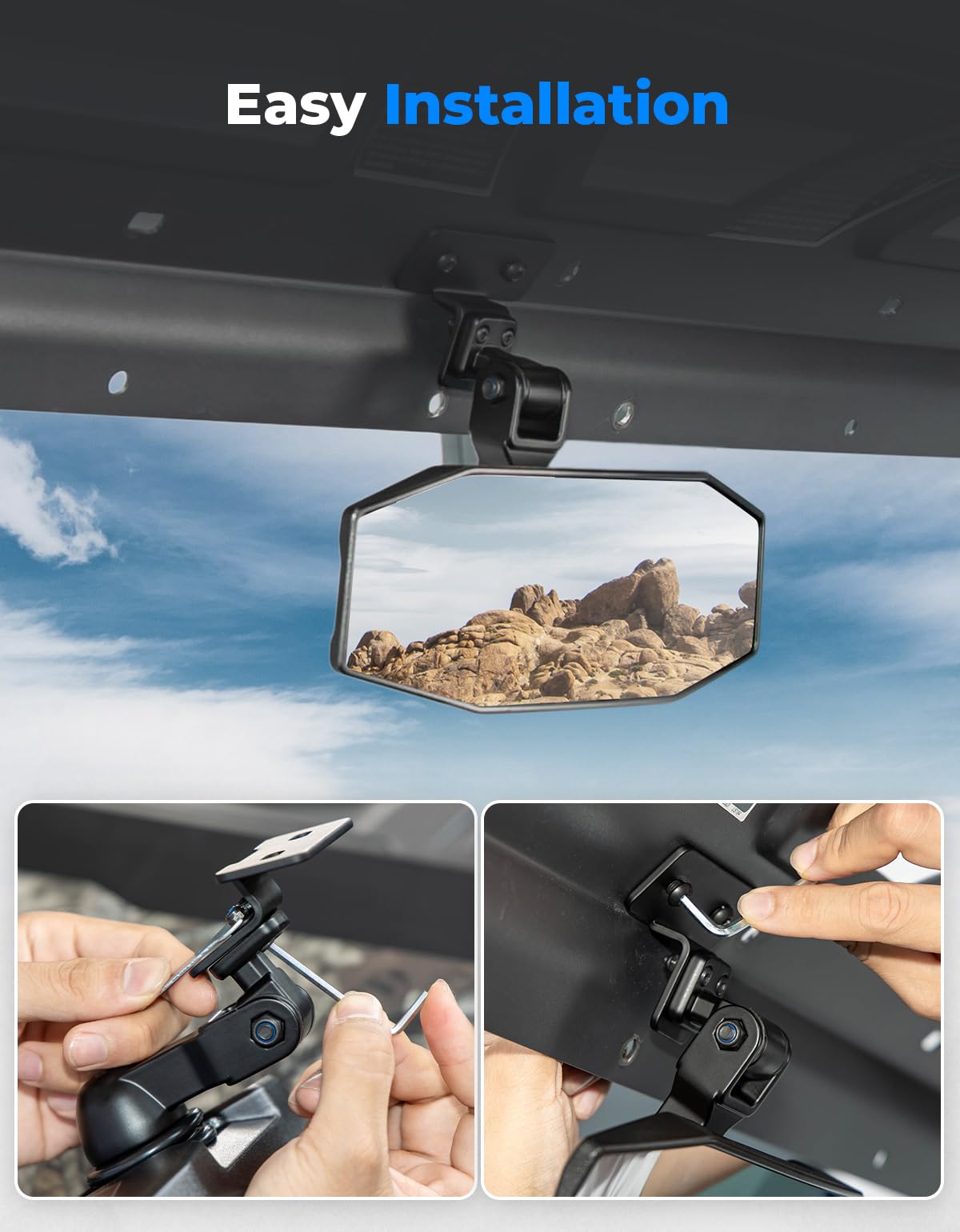 KEMIMOTO mirror demonstrating height and angle adjustment options