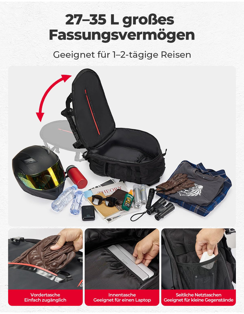 KEMIMOTO open helmet compartment protecting and securing a full-face helmet