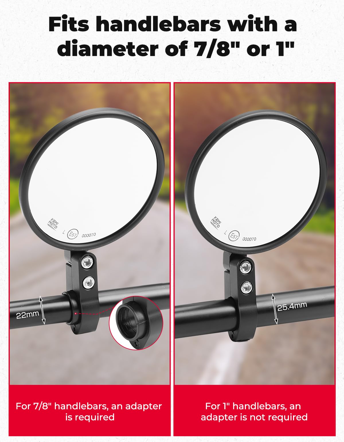 KEMIMOTO installed on motorcycle handlebar demonstrating clear rear view benefit