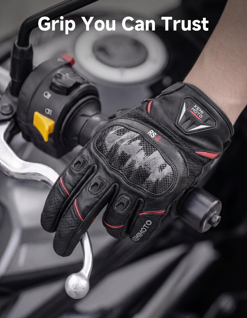 KEMIMOTO carbon-fiber knuckle detail delivering high-impact protection