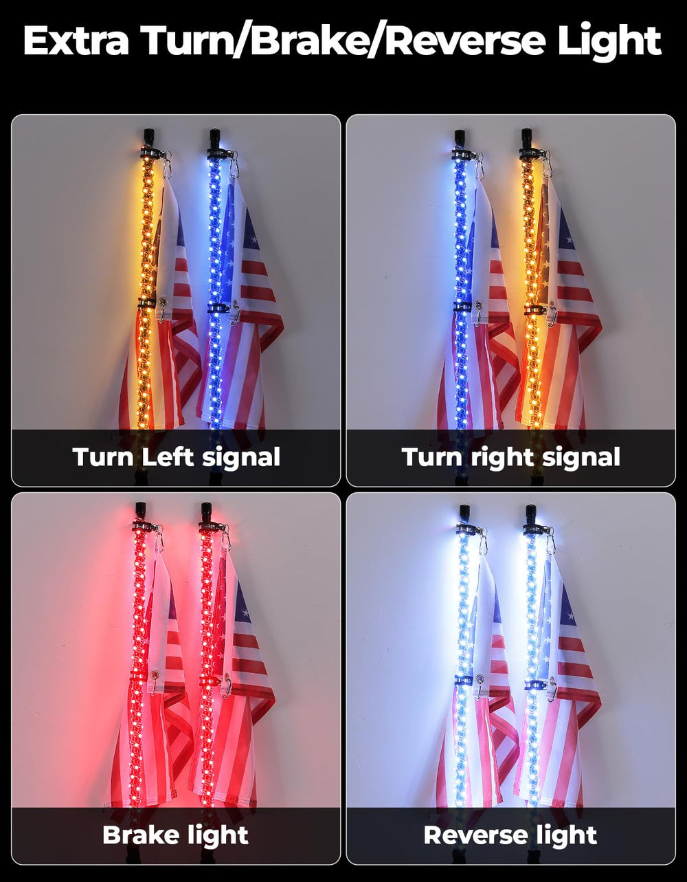 KEMIMOTO LED whips displaying multiple color modes and synchronized effects