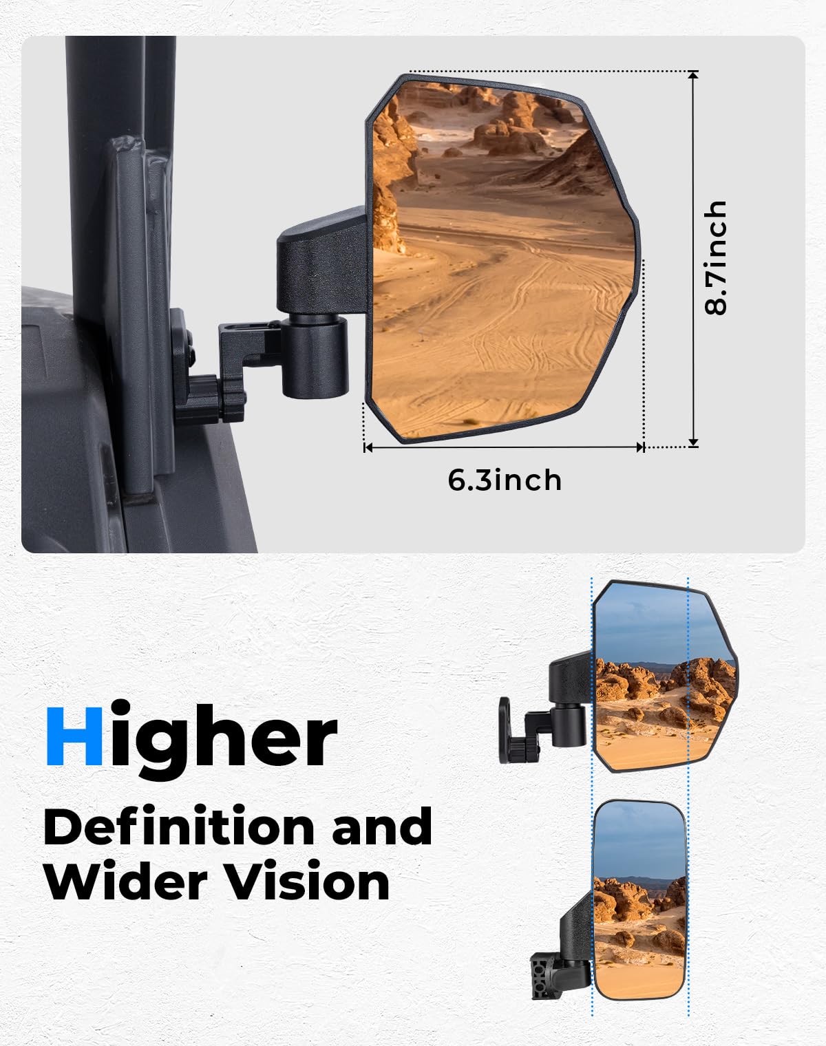 KEMIMOTO mirror in trail setting illustrating improved sightlines while riding