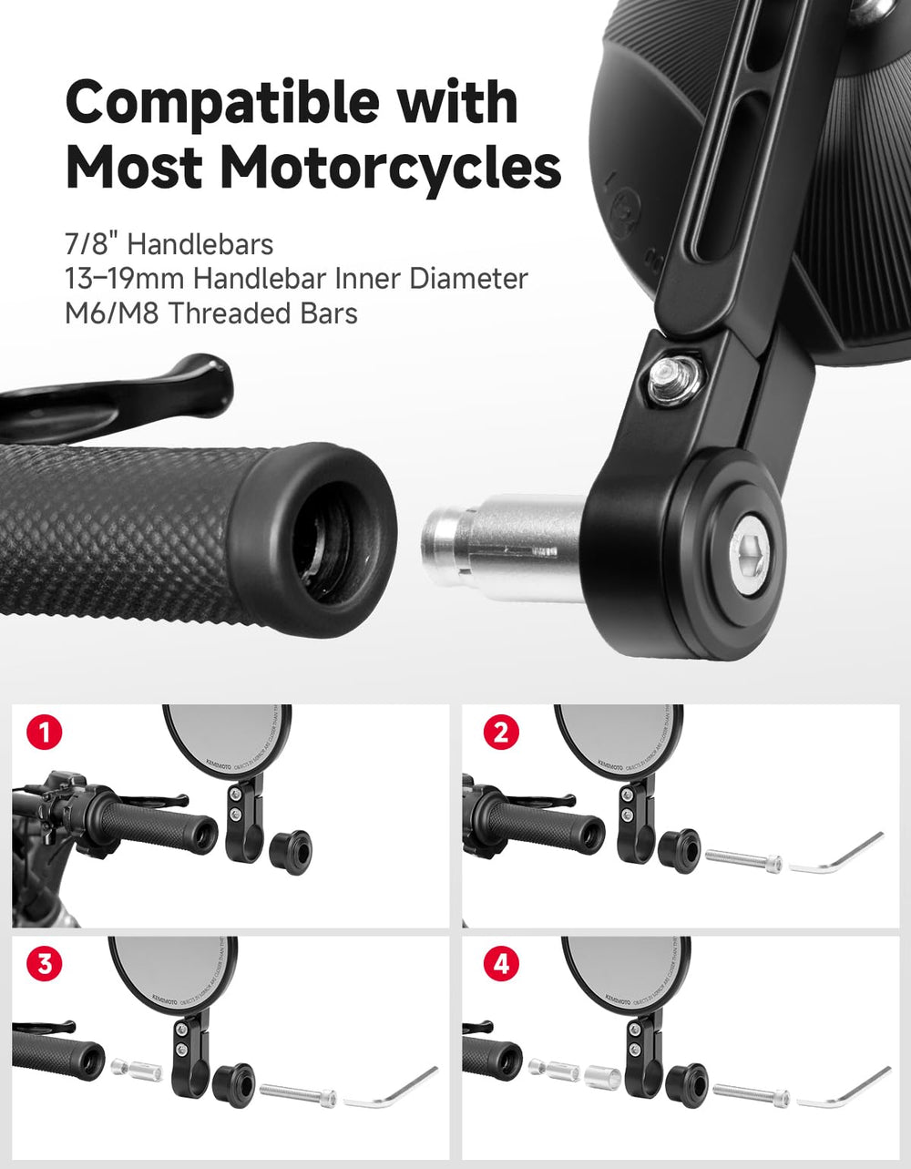 KEMIMOTO mirror installed on scooter handlebar showing easy installation and clear sightline