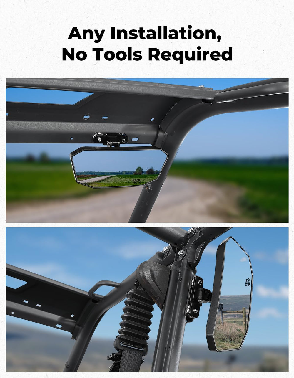 KEMIMOTO mirror mounted on UTV rail improving visibility behind vehicle