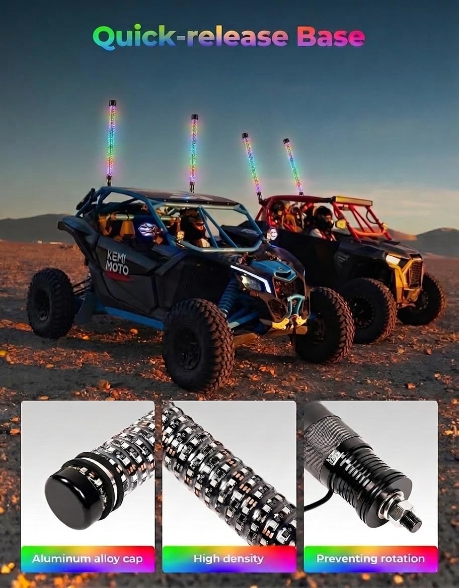 KEMIMOTO whip mounted on UTV rear illustrating added visibility and style