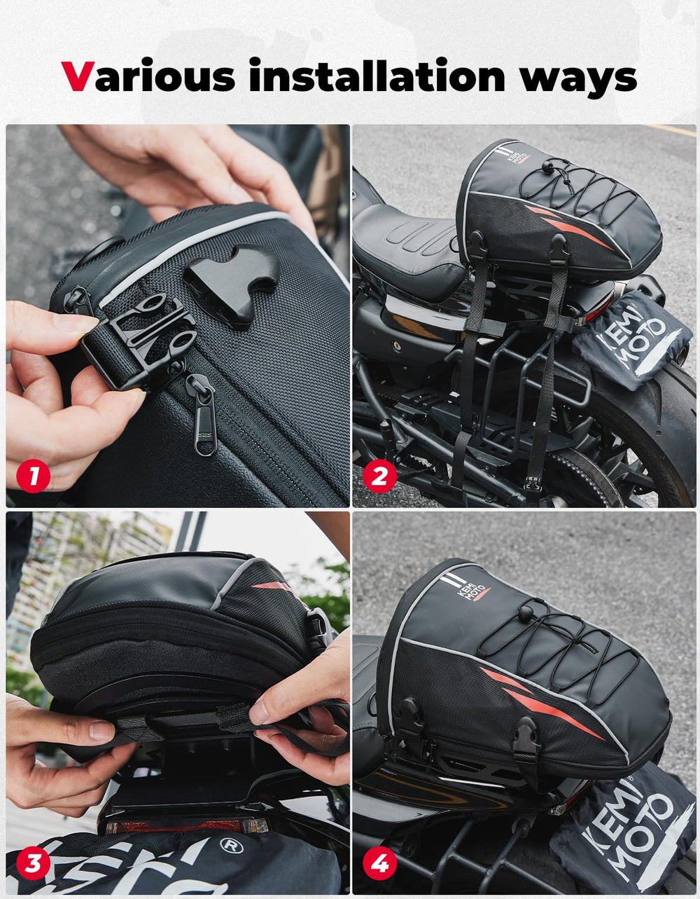 KEMIMOTO side view showing buckles and pillion straps for stable mounting