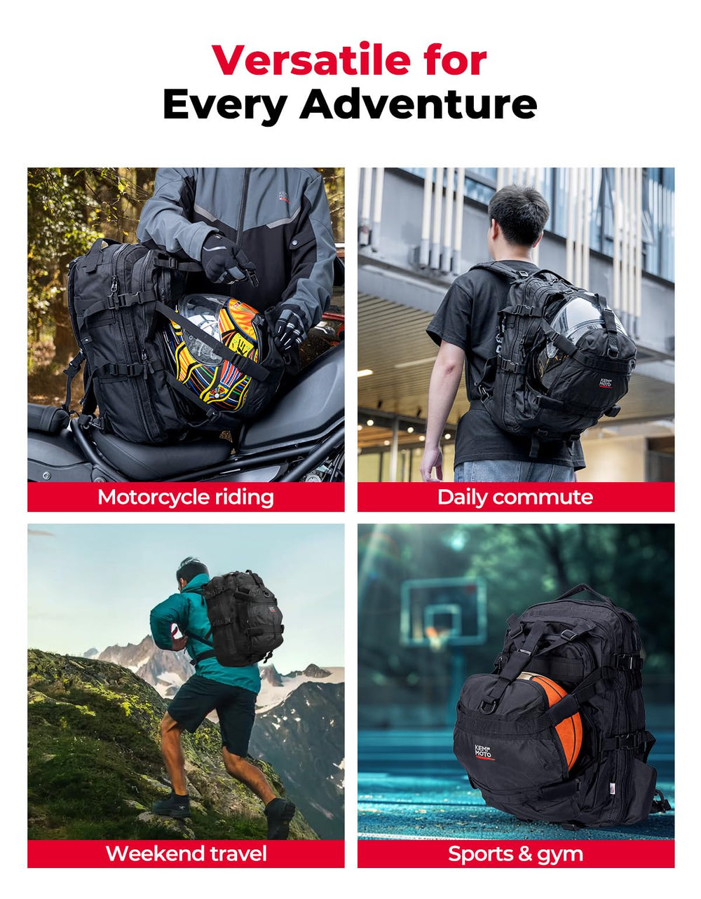 KEMIMOTO backpack mounted on motorcycle demonstrating rider-ready design