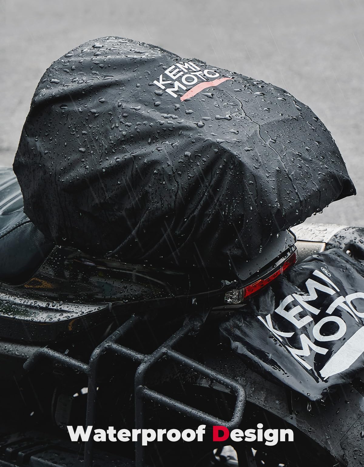 KEMIMOTO rain cover over bag protecting contents from heavy rain