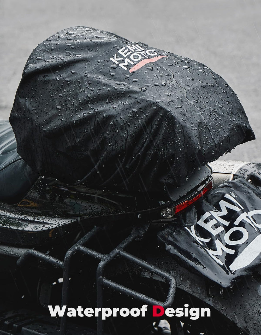 KEMIMOTO rain cover over bag protecting contents from heavy rain