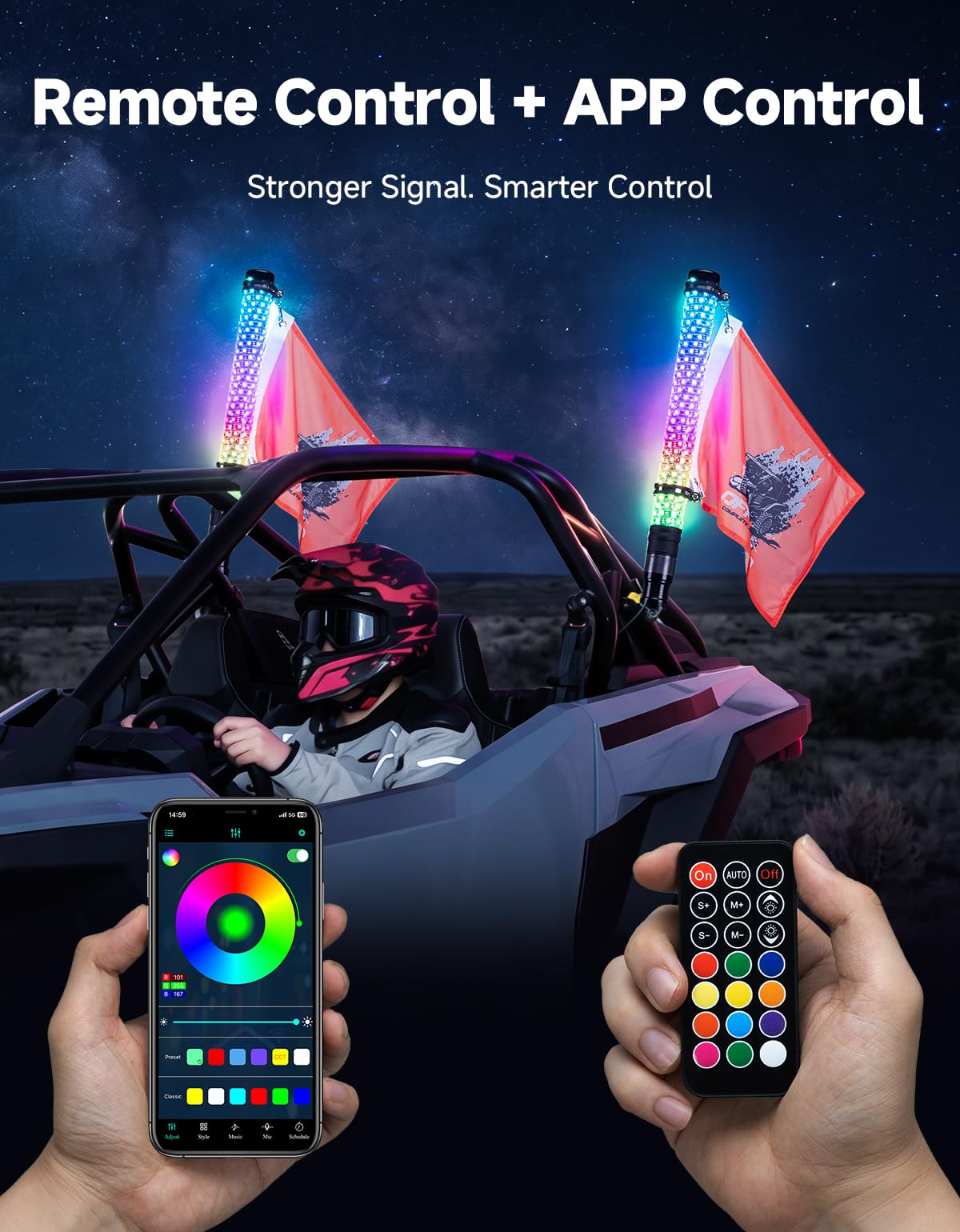 KEMIMOTO RF remote and smartphone app screen showing mode options and music sync