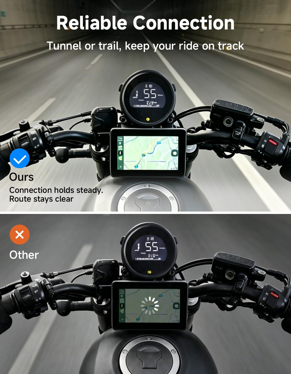 KEMIMOTO in-use on a motorcycle displaying navigation for safer, phone-free guidance