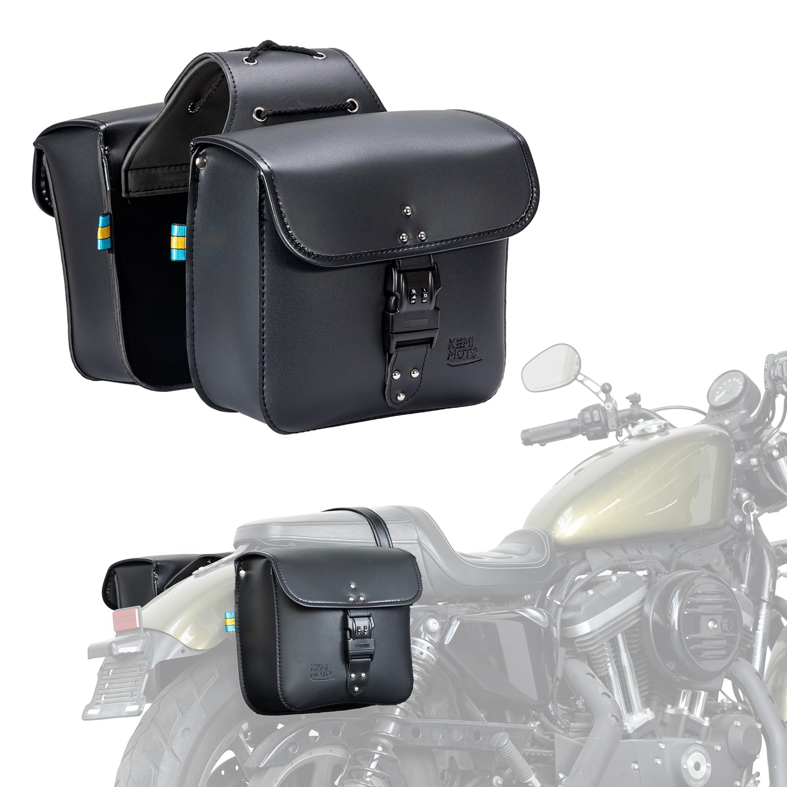 KEMIMOTO front view of saddlebags showing polished PU leather and clean styling benefit