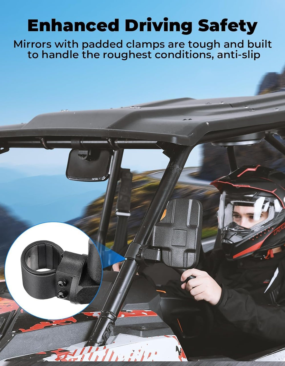 KEMIMOTO mirrors mounted on roll bar showing size and fit comparison
