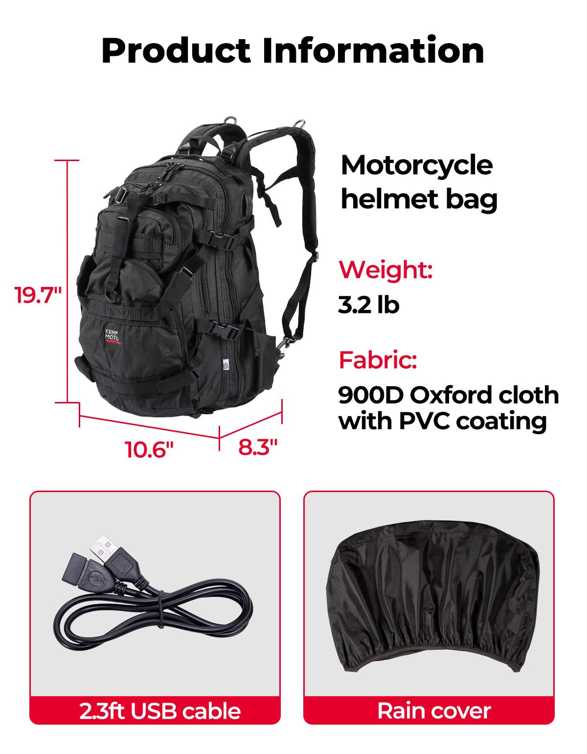 KEMIMOTO next to a helmet and jacket showing actual 37L pack size