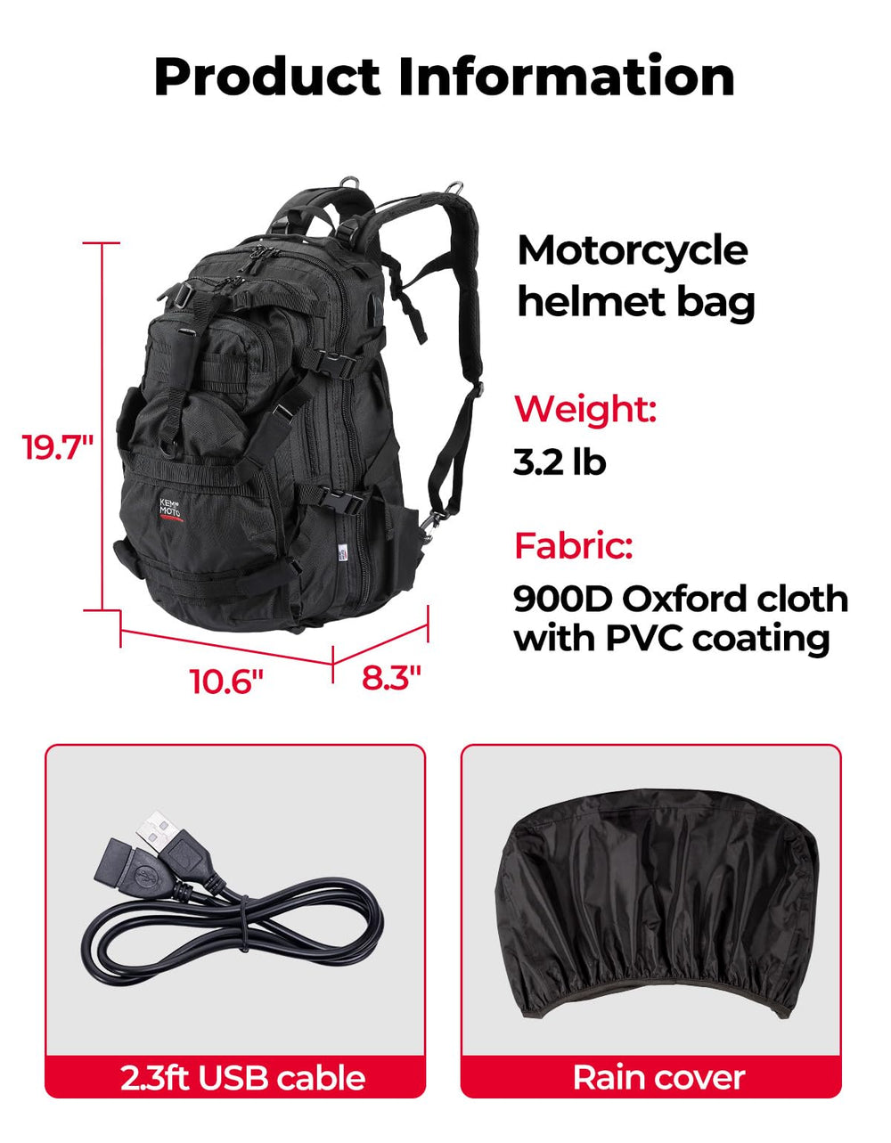 KEMIMOTO next to a helmet and jacket showing actual 37L pack size