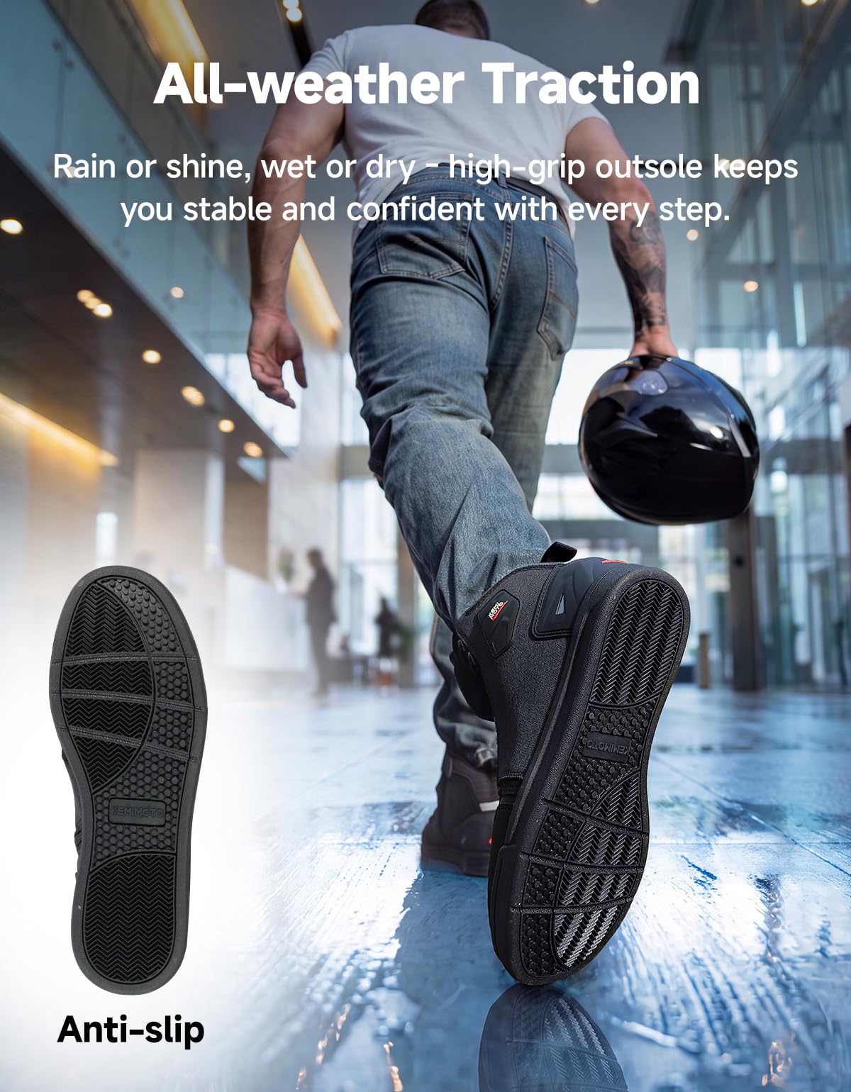KEMIMOTO shoe in use on motorcycle showing practical rider fit
