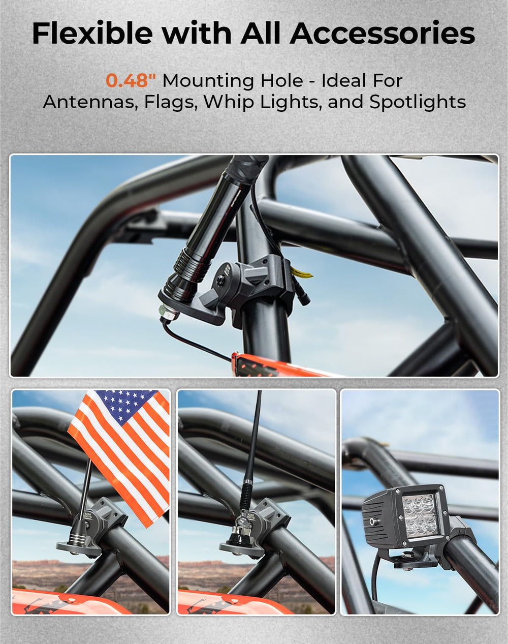 KEMIMOTO side profile showing clamp fit snugly on roll bar for stable attachment benefit