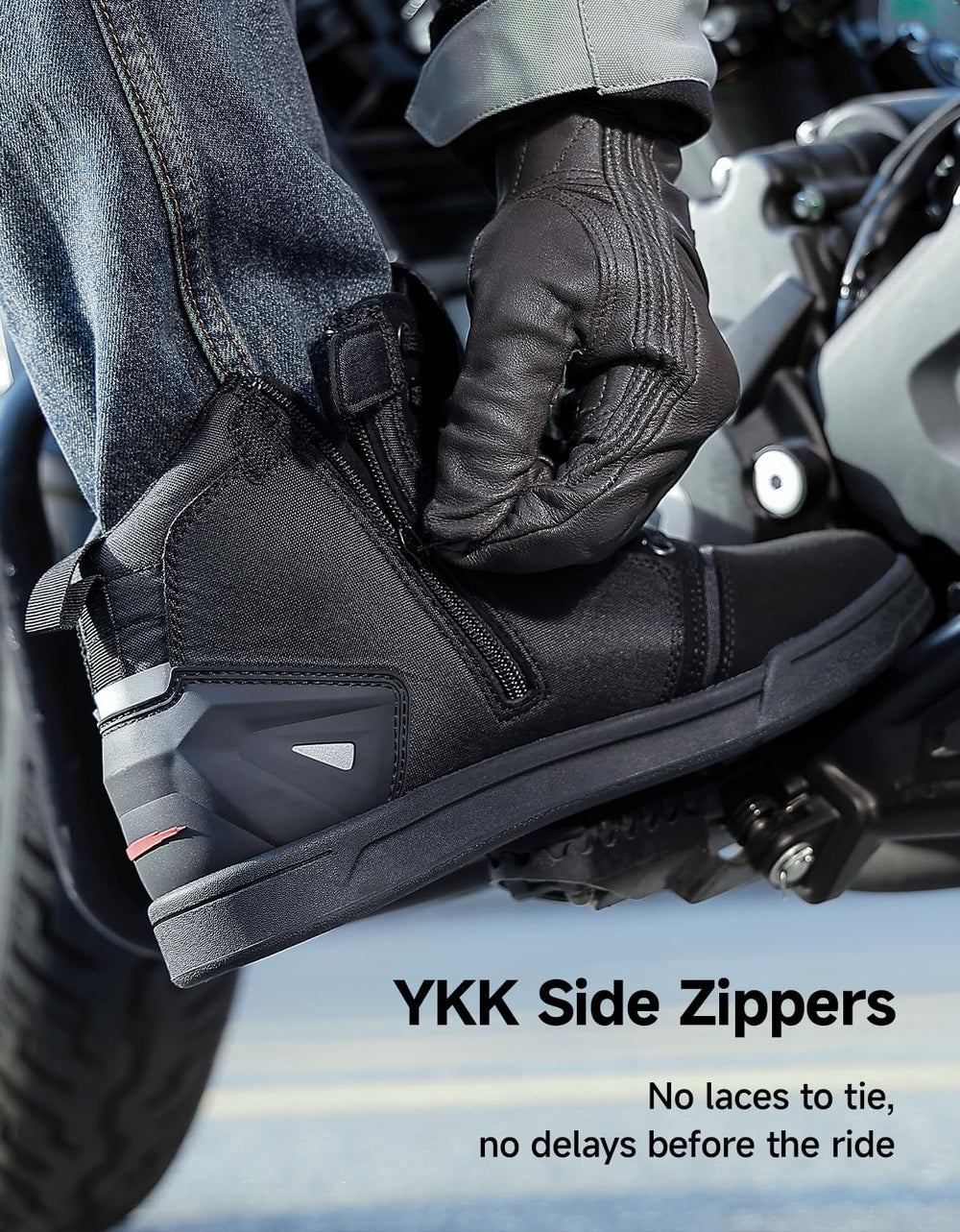 KEMIMOTO side YKK zipper detail for fast on-and-off convenience