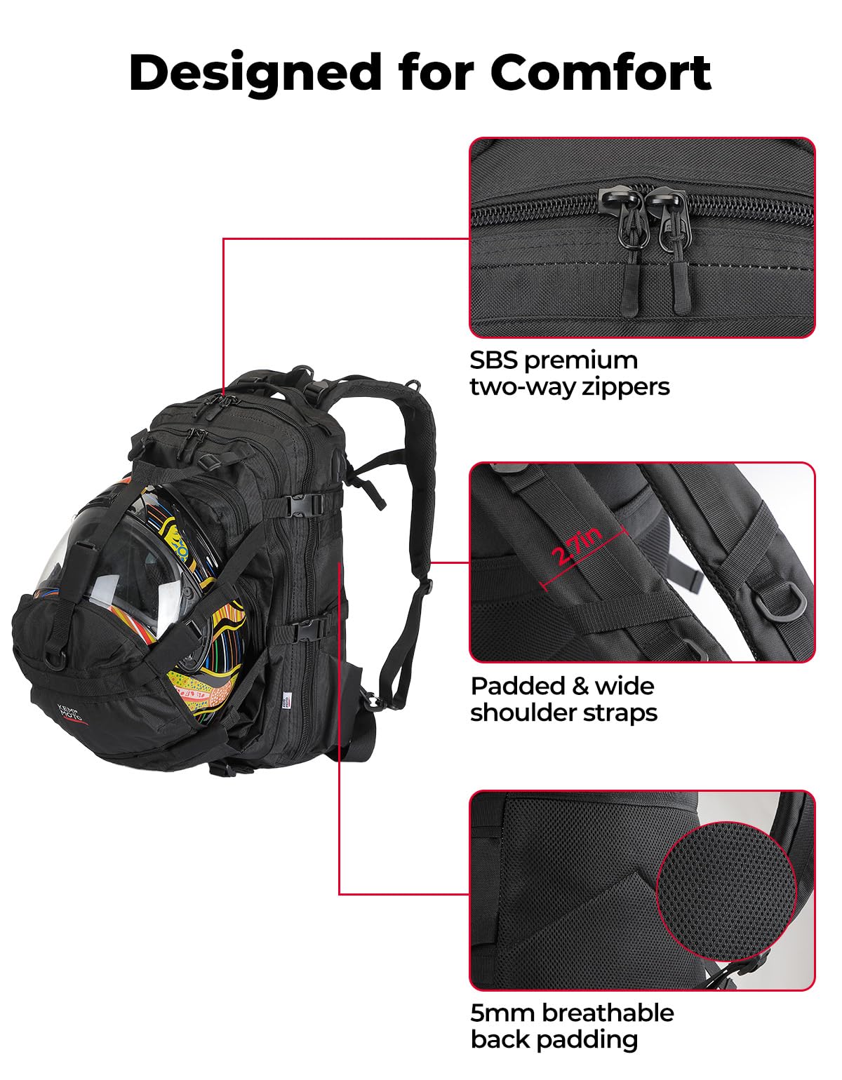 KEMIMOTO side zip pockets hold small items for quick access on rides
