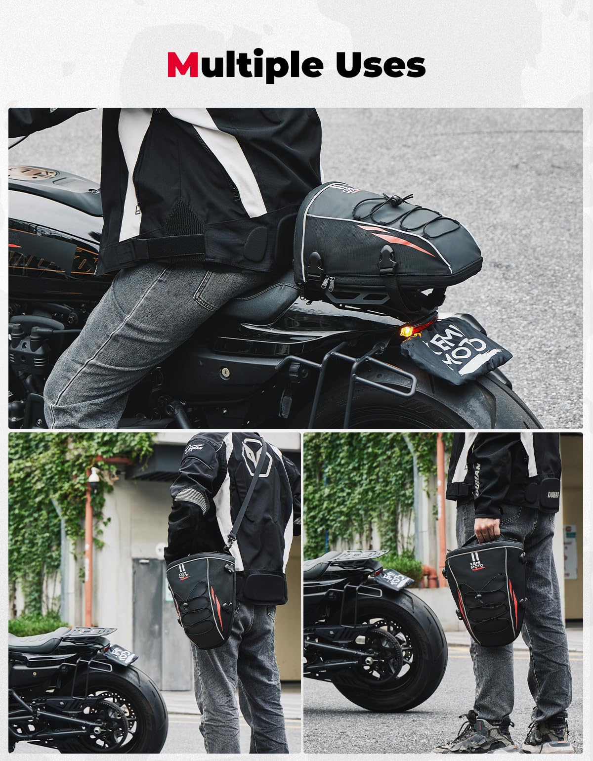 KEMIMOTO bag next to helmet and phone illustrating compact 10L capacity