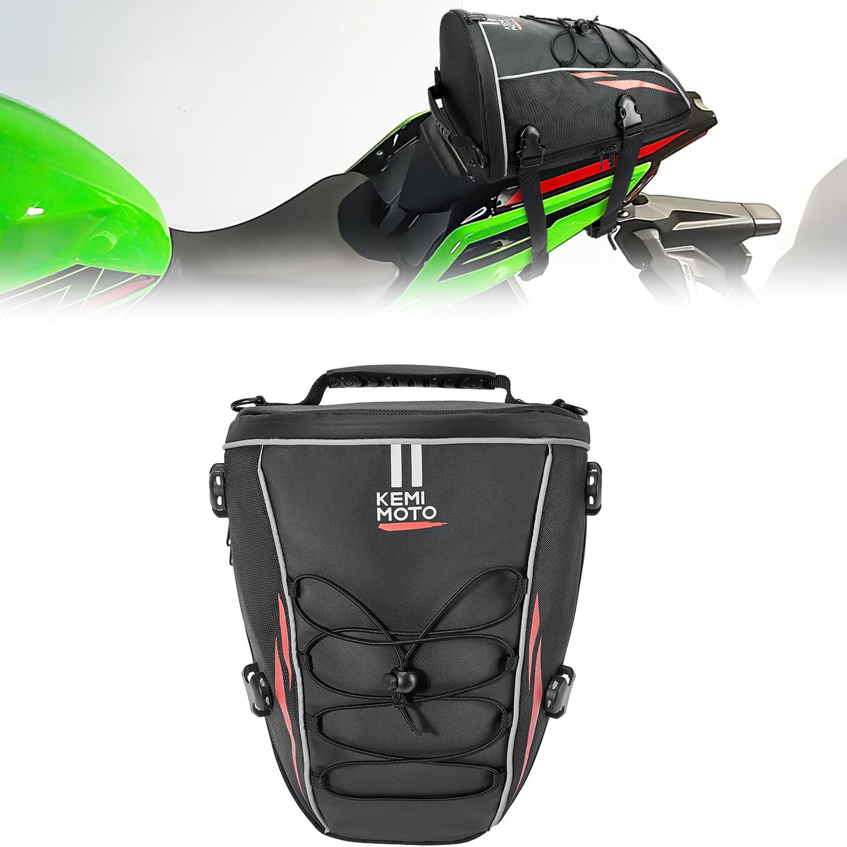 KEMIMOTO tail bag mounted on motorcycle rear rack showing secure fit