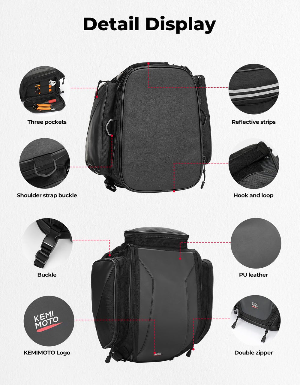 KEMIMOTO tail bag mounted on sissy bar demonstrating stable installation