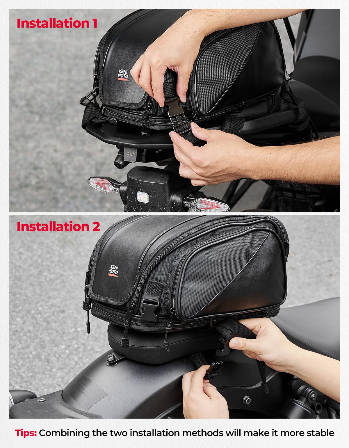 KEMIMOTO tail bag with rain cover protecting contents in wet weather