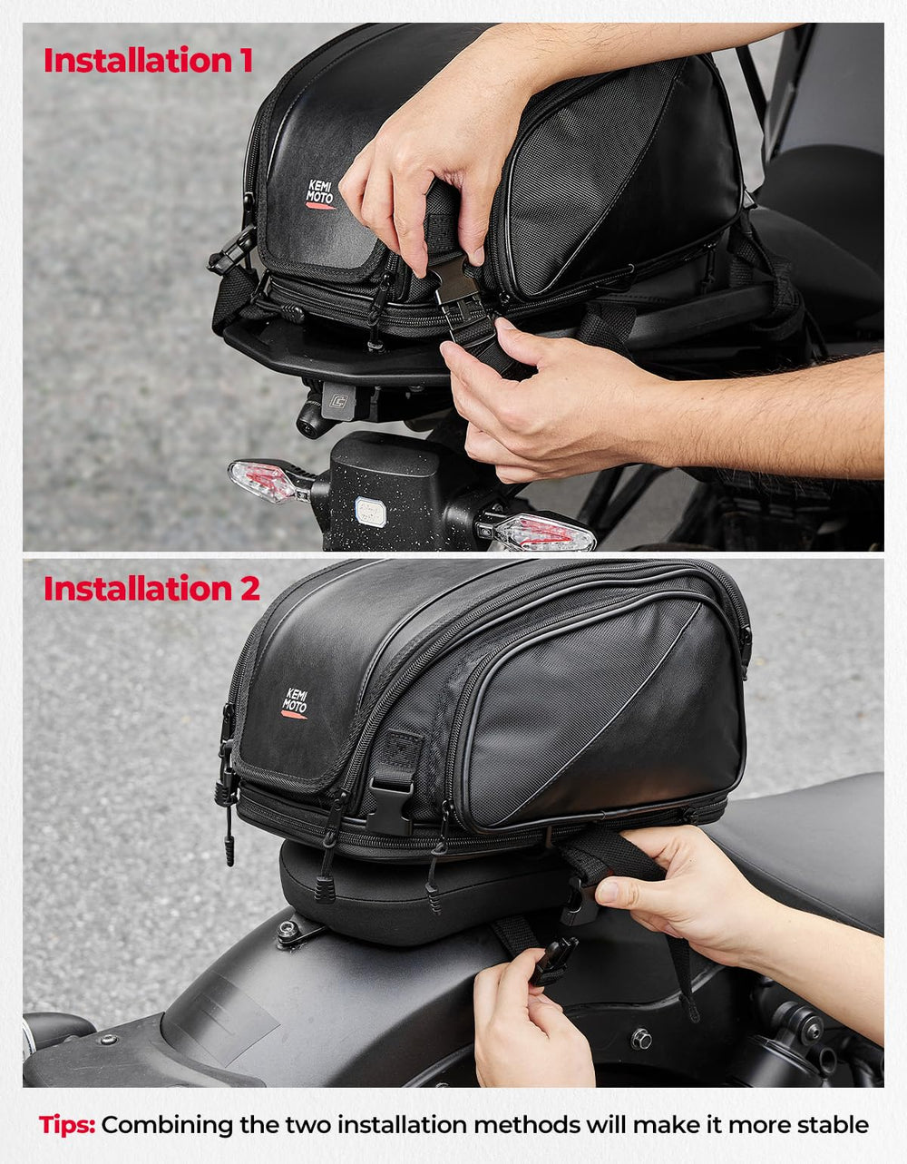 KEMIMOTO tail bag with rain cover protecting contents in wet weather