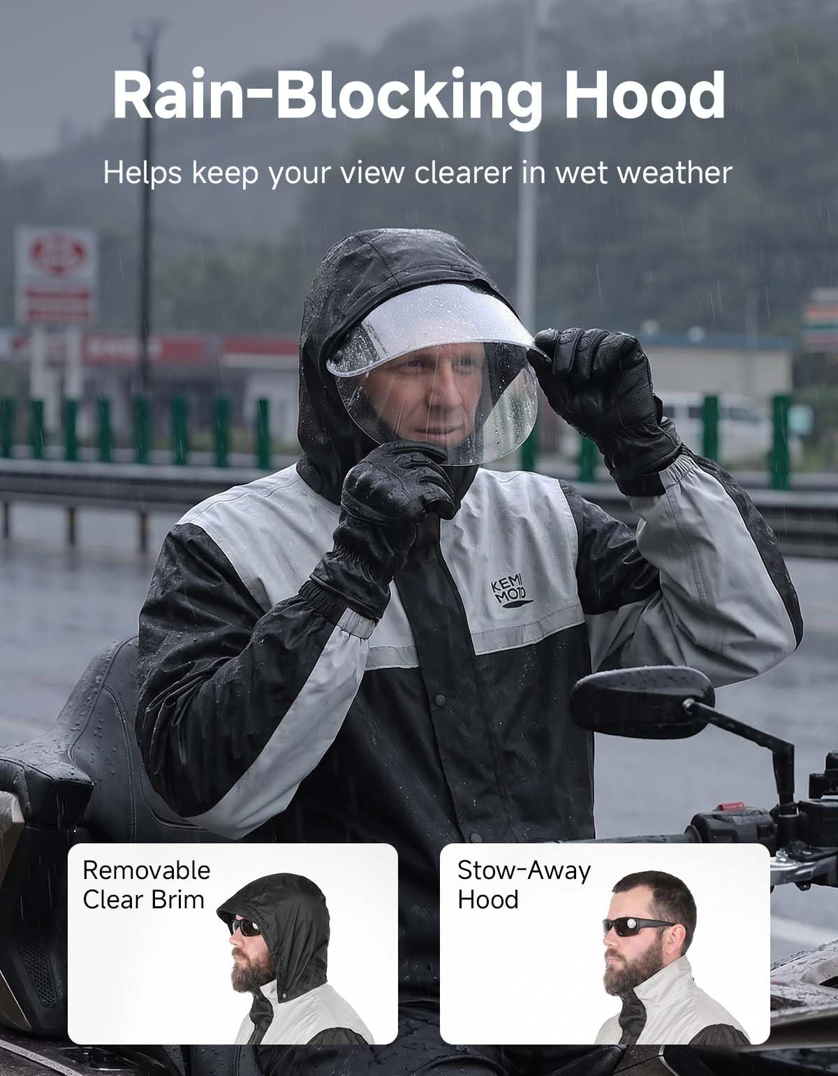 KEMIMOTO transparent brim and removable hood offering clear vision in rain
