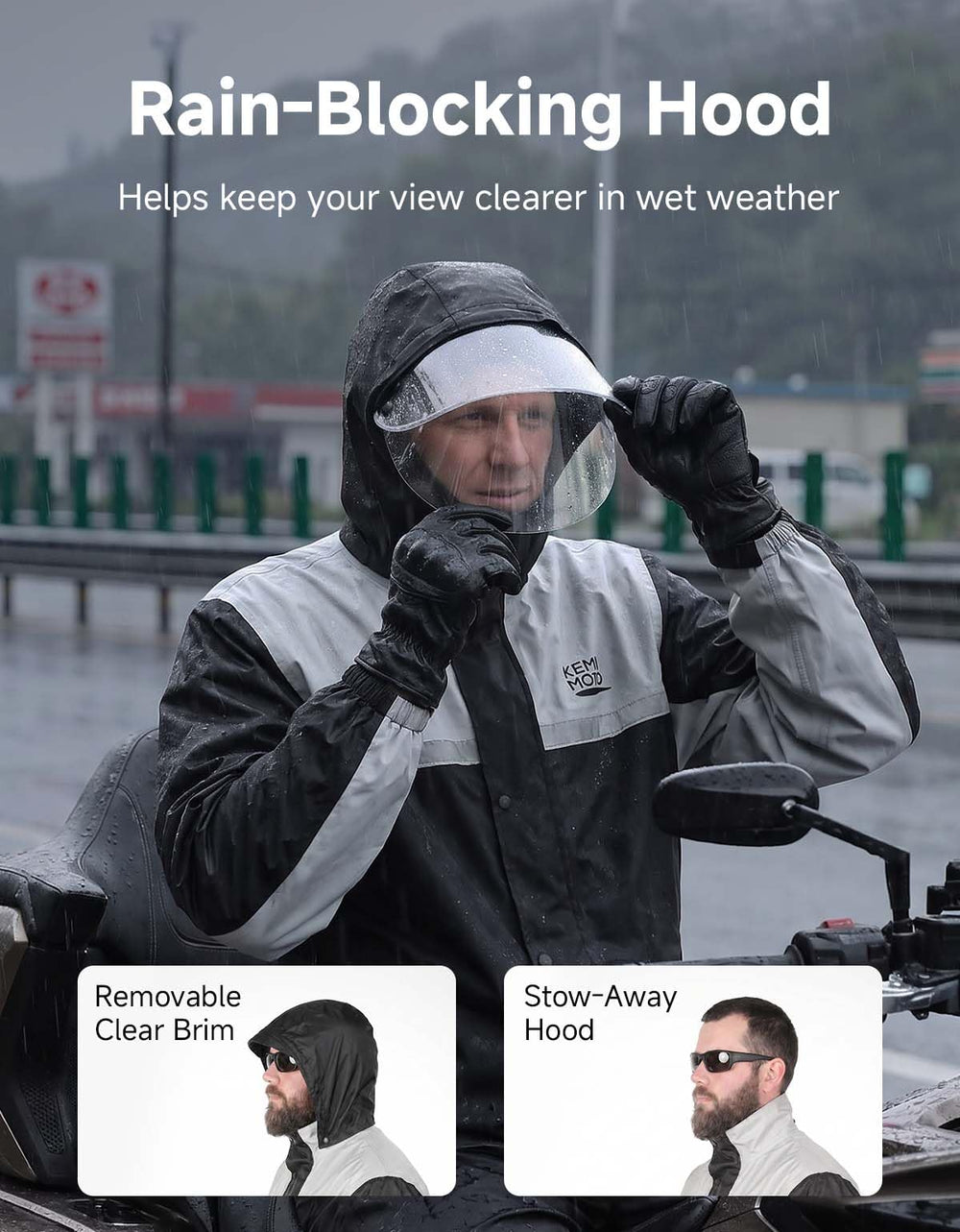 KEMIMOTO transparent brim and removable hood offering clear vision in rain