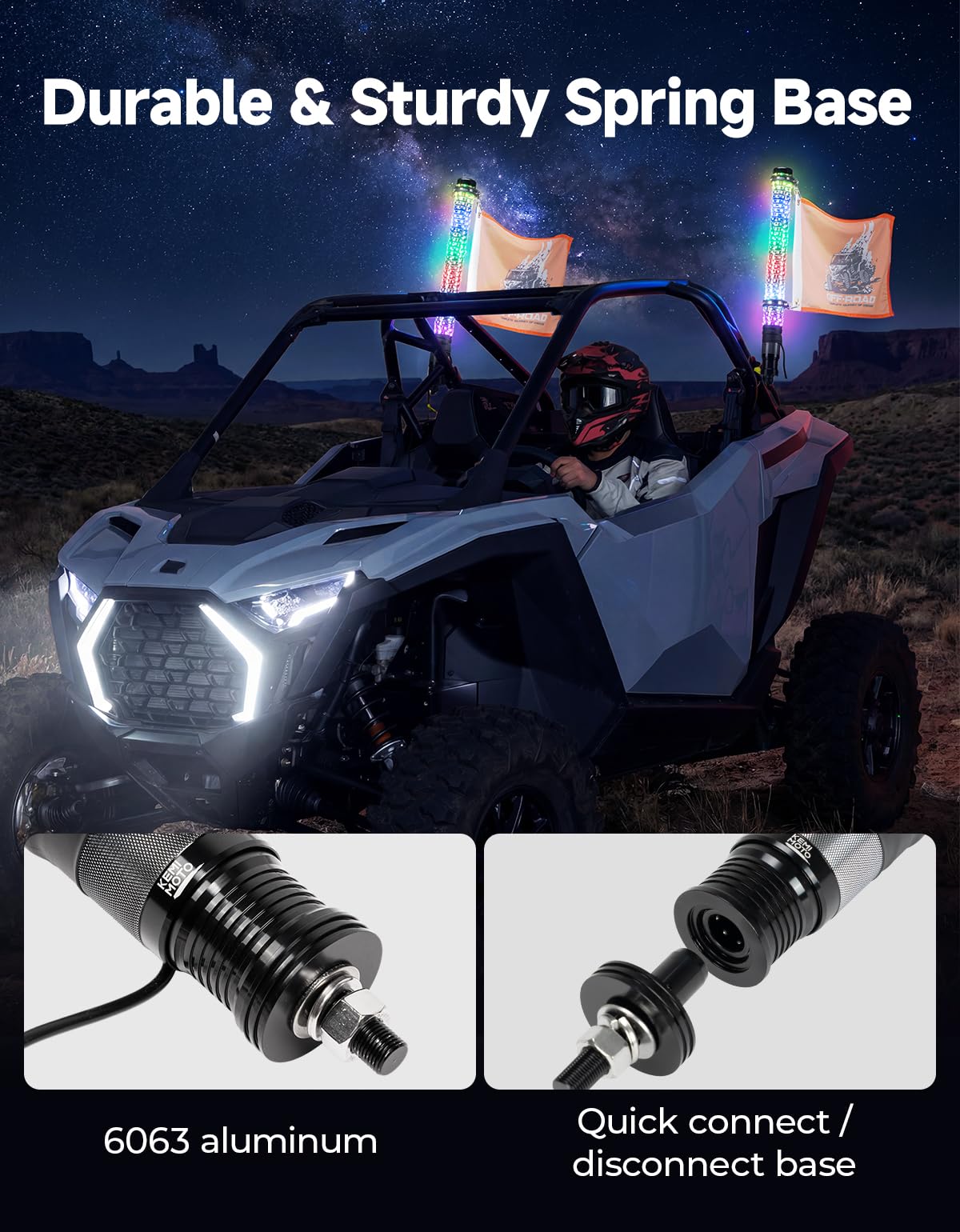 KEMIMOTO whip lights demonstrating turn-signal and brake function integration for safety