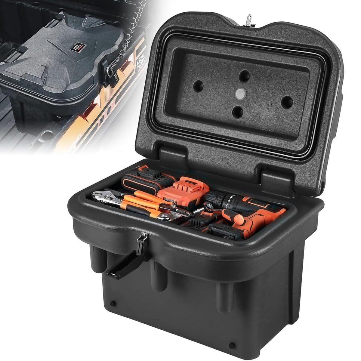 KEMIMOTO front view of UTV bed storage box showing compact profile and secure lid benefit