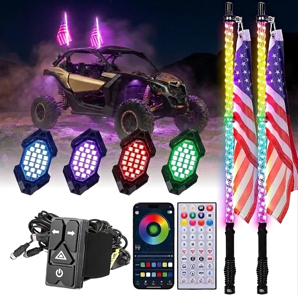 KEMIMOTO front view of 3ft whip lights showing full RGB brightness and visibility