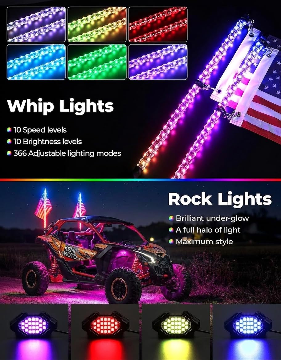 KEMIMOTO whip lights mounted on side-by-side showing increased trail visibility