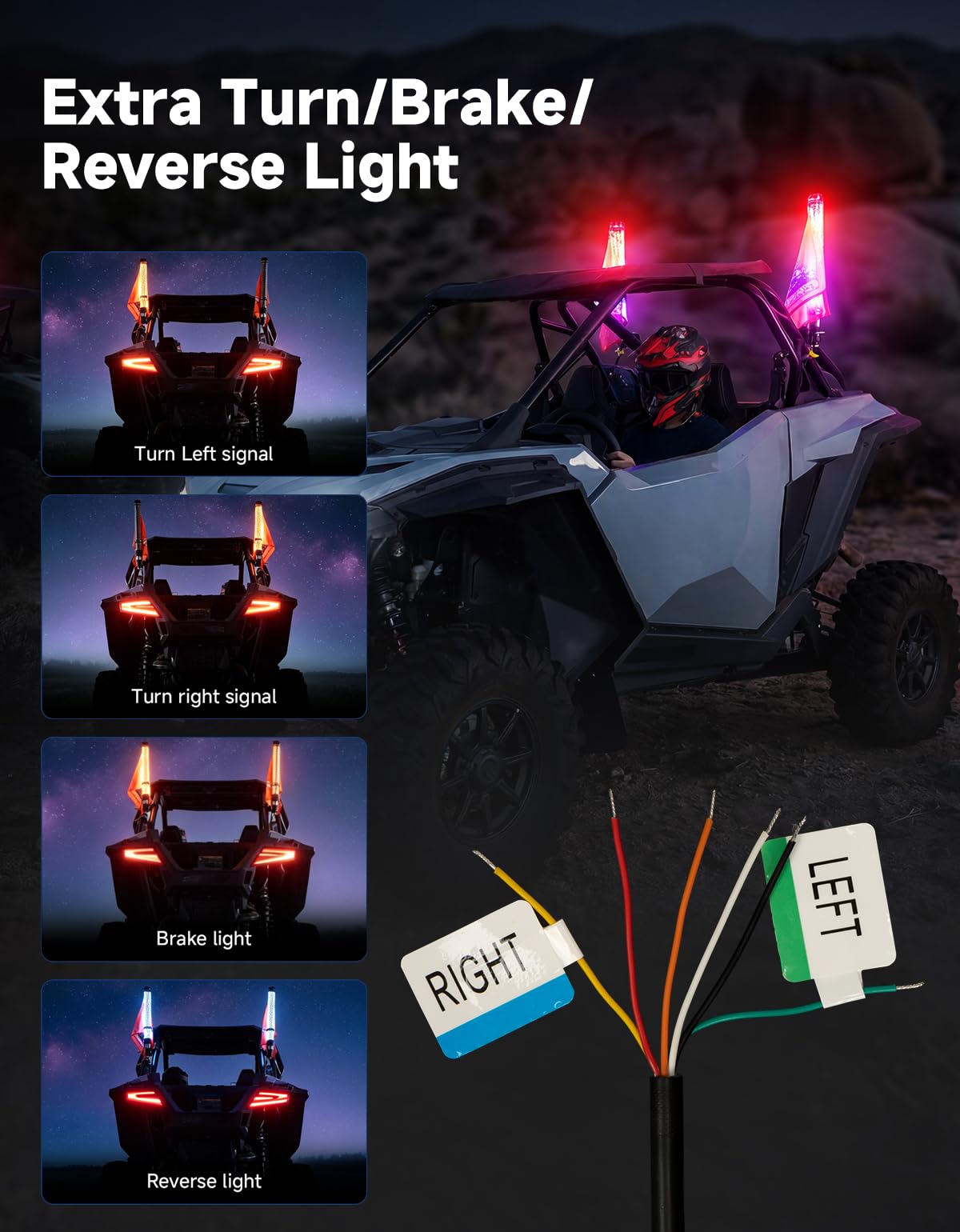 KEMIMOTO whips installed on UTV showing enhanced group visibility and night trail safety