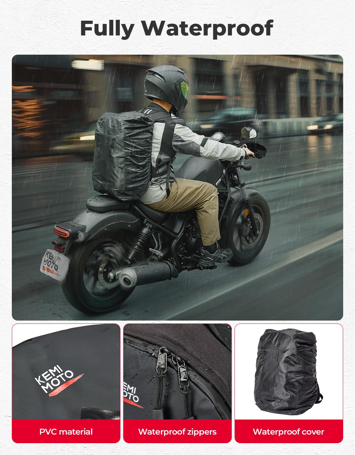 KEMIMOTO backpack worn on rider demonstrating comfortable ergonomics