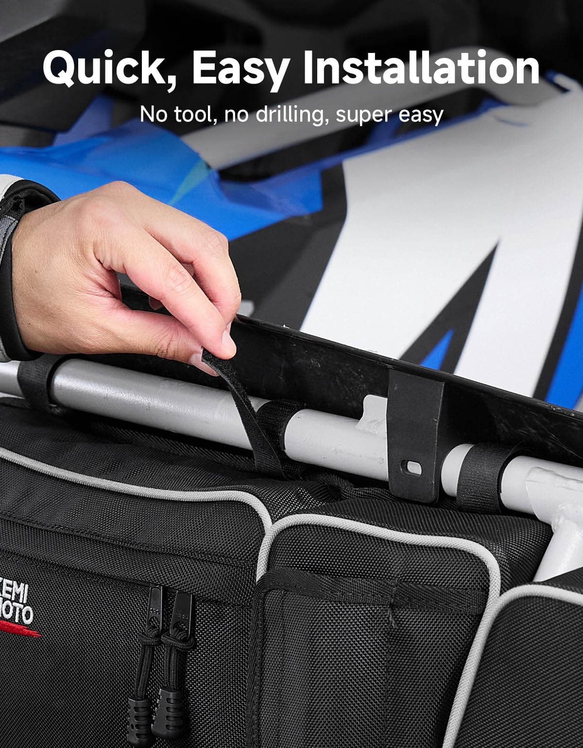 KEMIMOTO bag next to helmet shows compact scale