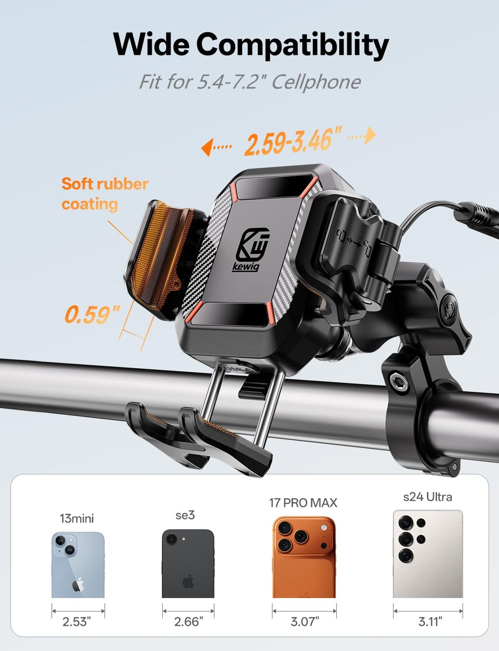 Kewig lifestyle ride shot showing charged phone in use on a motorcycle