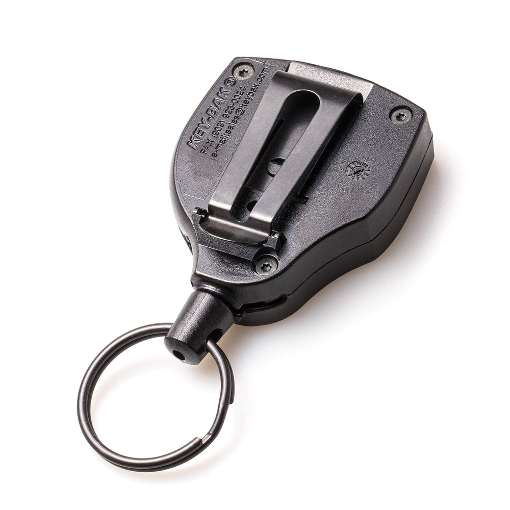 KEY-BAK side profile highlighting belt clip attached for reliable hands-free wear