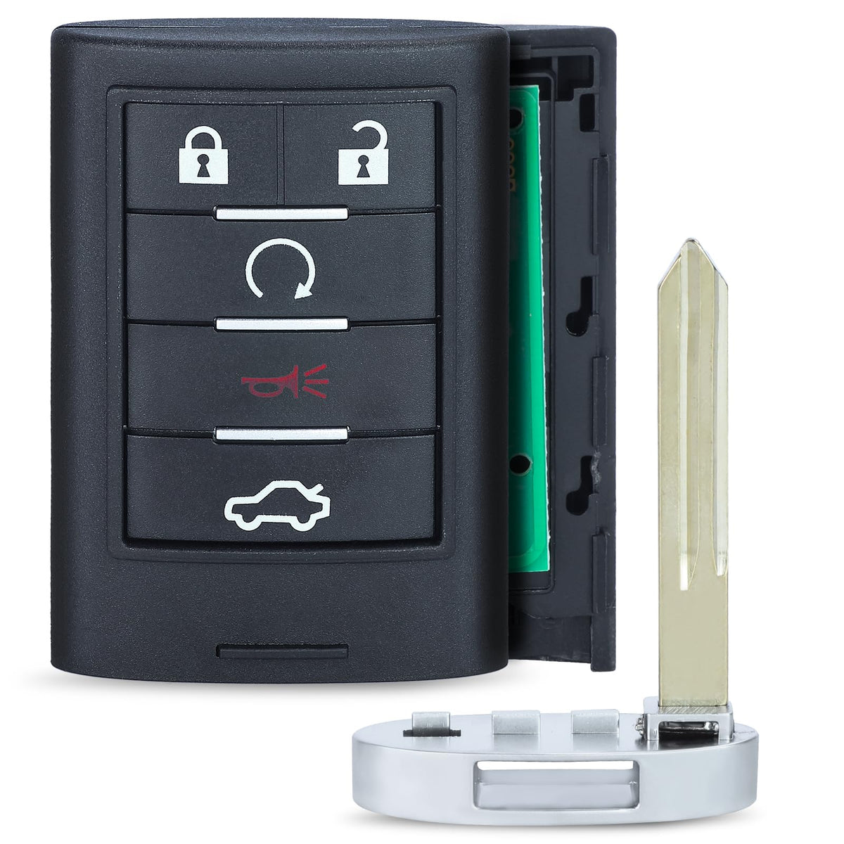 Keyecu front view of fob showing five-button layout and clean finish for easy use