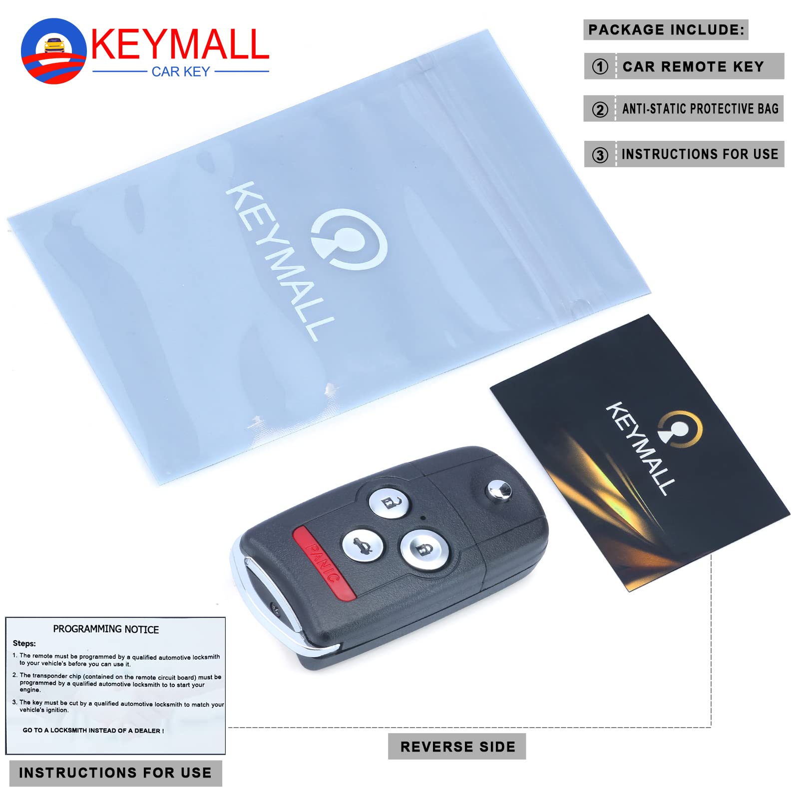 Keymall packaging with remote chip battery and uncut key for complete kit