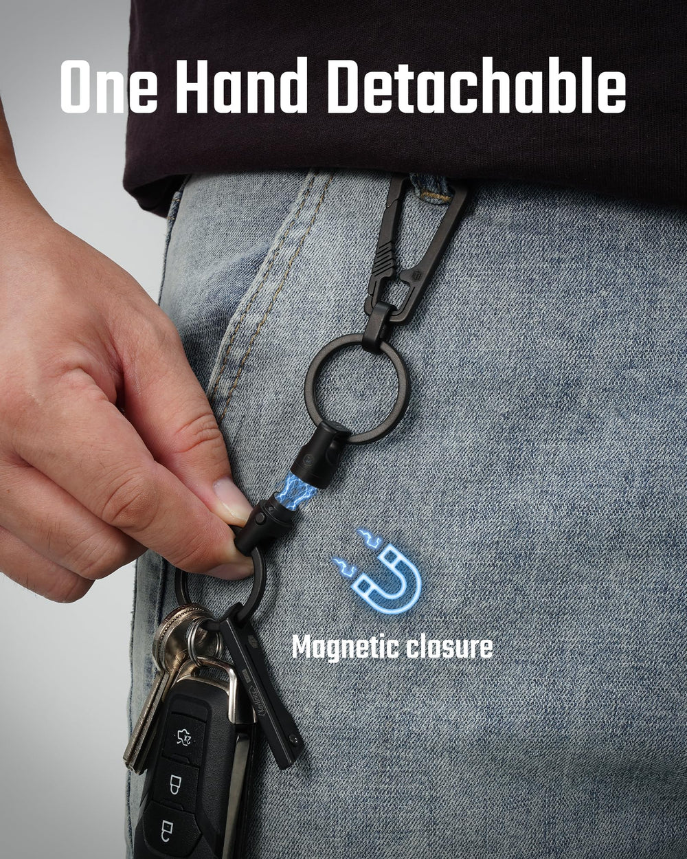 KeyUnity KA45 swivel detail demonstrating 360-degree rotation and tangle-free access benefit