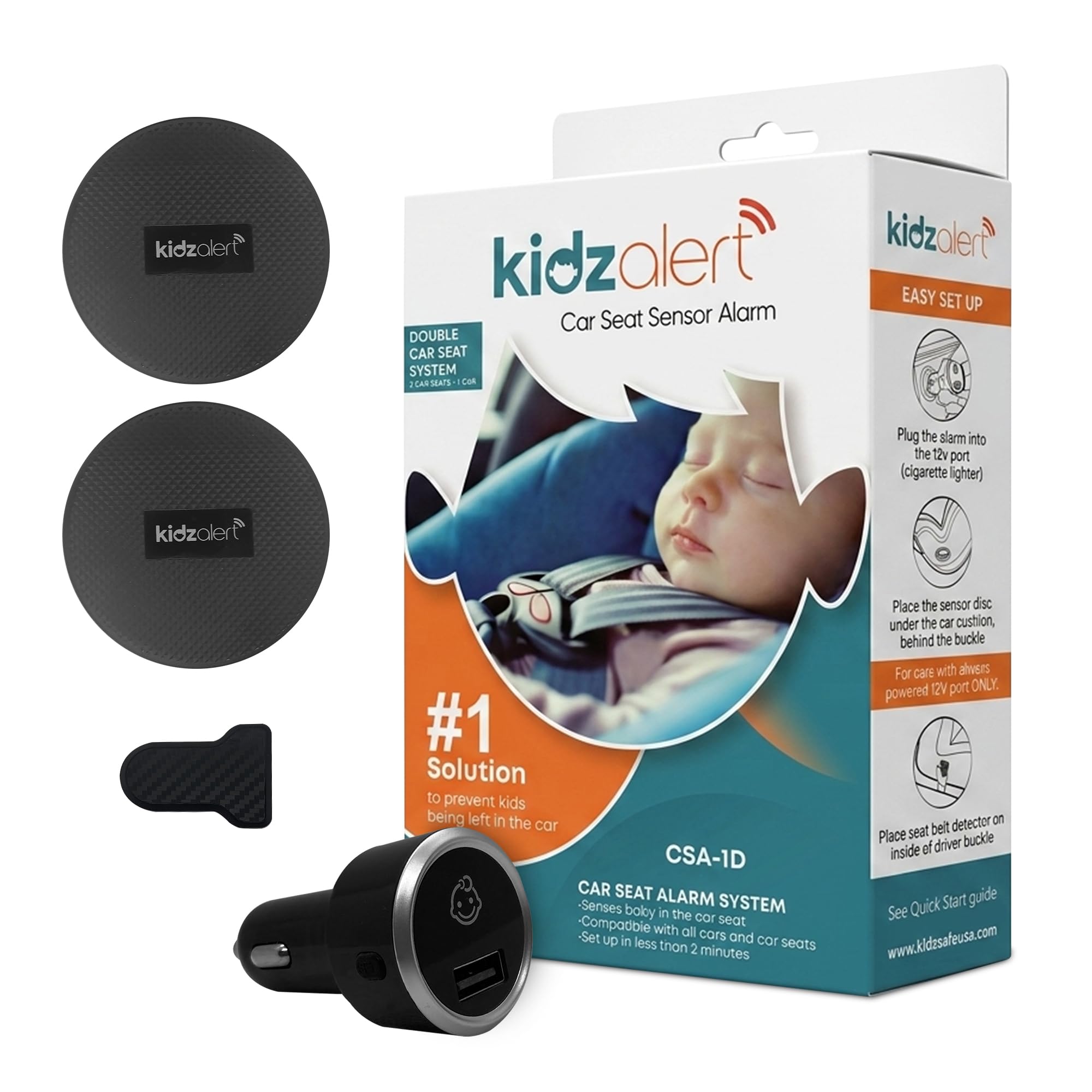 KIDZALERT alarm and two sensors shown front view for clear safety monitoring