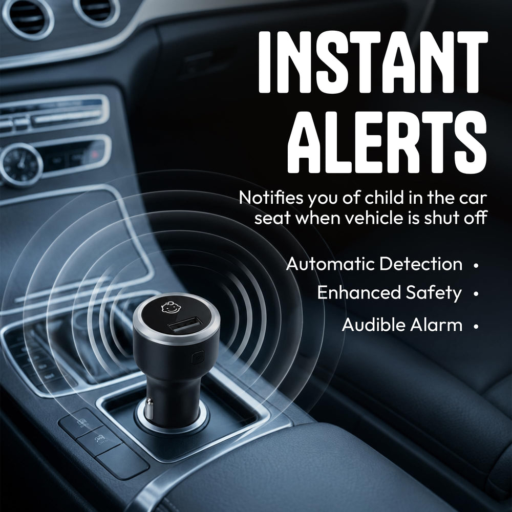 KIDZALERT alarm plugged into a vehicle 12V outlet showing easy installation benefit