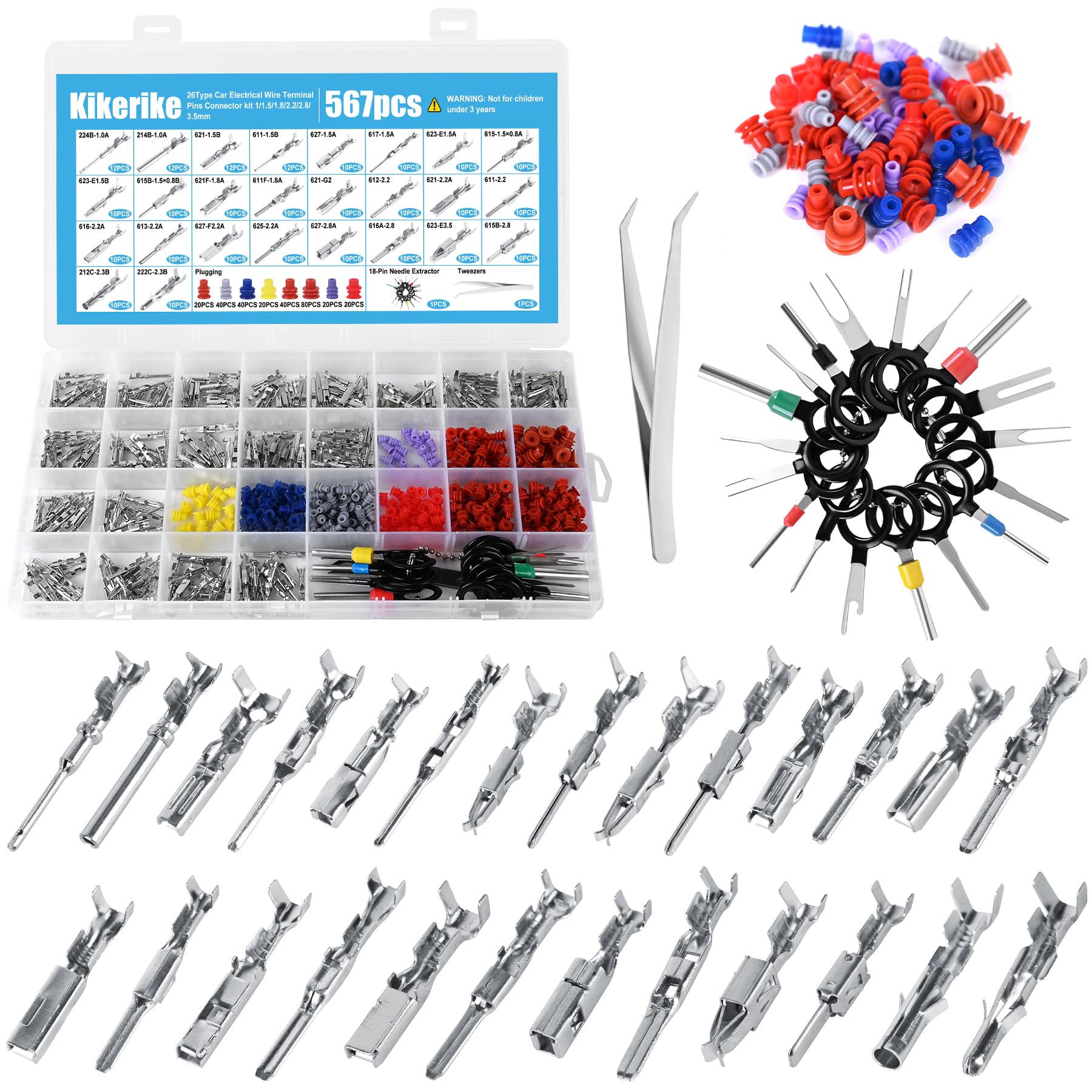Kikerike front view of packed 567-piece connector pins kit showing organized compartments