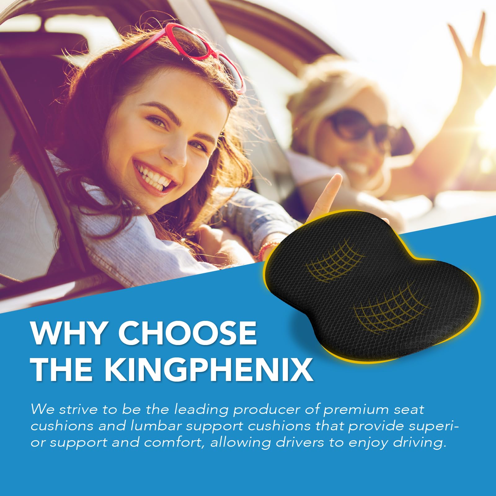 kingphenix installed on car seat improving driver height and visibility