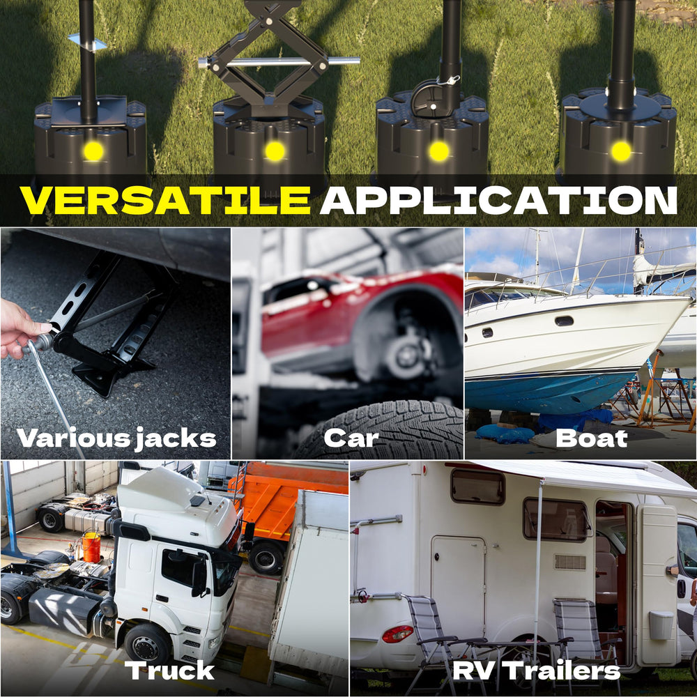 KJE block positioned under trailer tongue jack offering stable support and reduced sinking